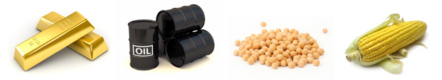商品先物取引で売買する商品例（金・原油・トウモロコシ）